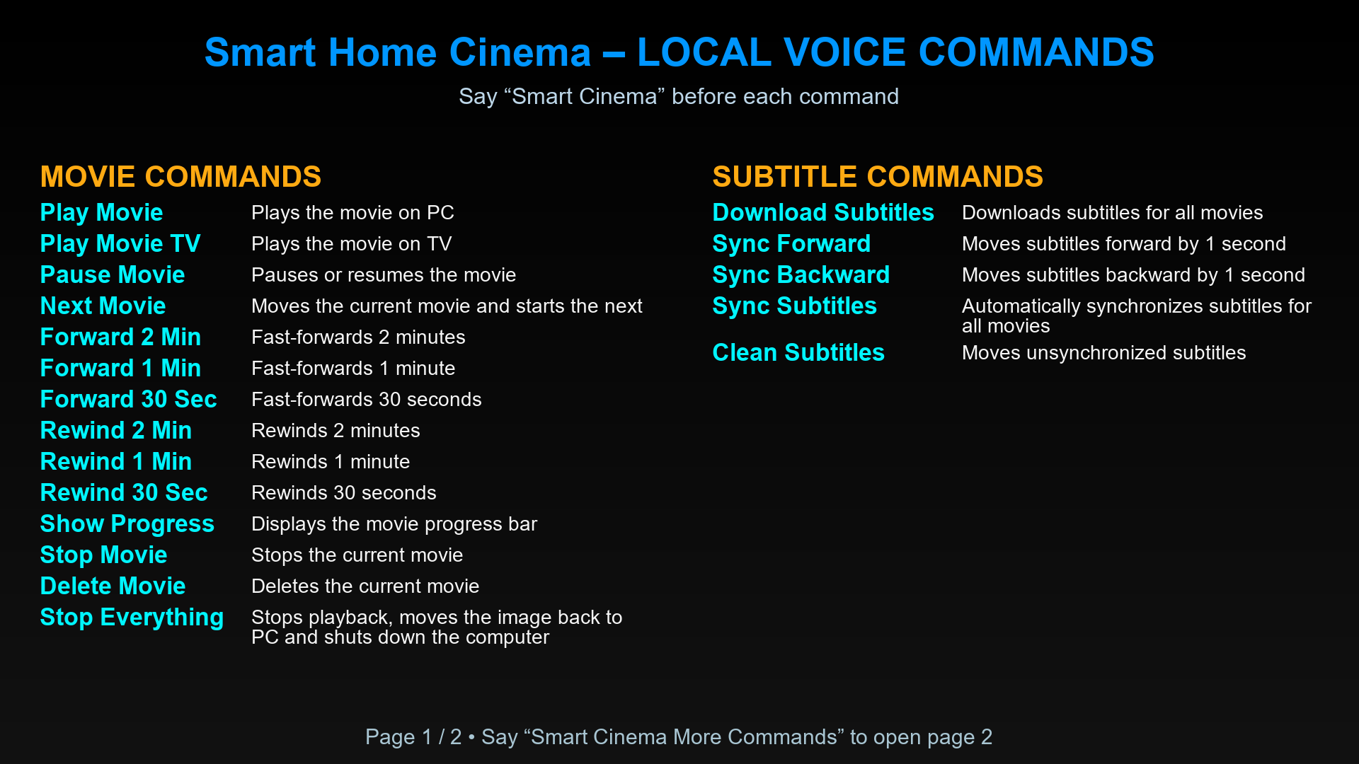 Smart Home Cinema Local Voice Command Center page 1 showing movie and subtitle commands