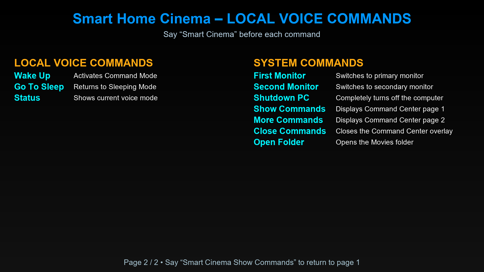 Smart Home Cinema Local Voice Command Center page 2 showing local voice and system commands
