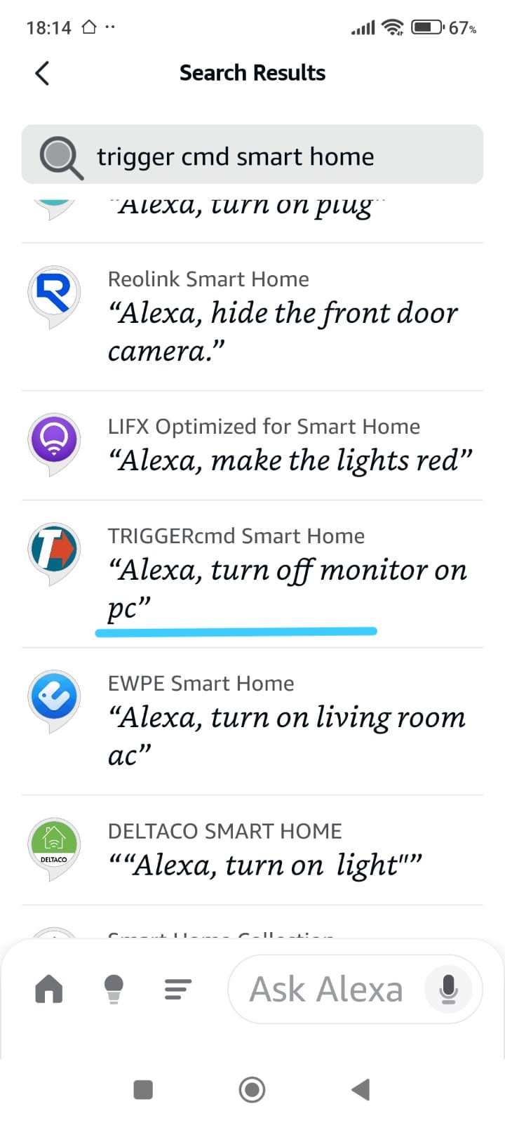Alexa search results — select 'TriggerCMD Smart Home'