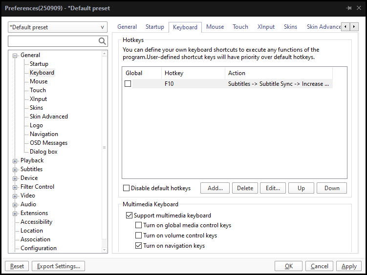 PotPlayer Keyboard list showing F10 mapped to Increase Subtitle Sync
