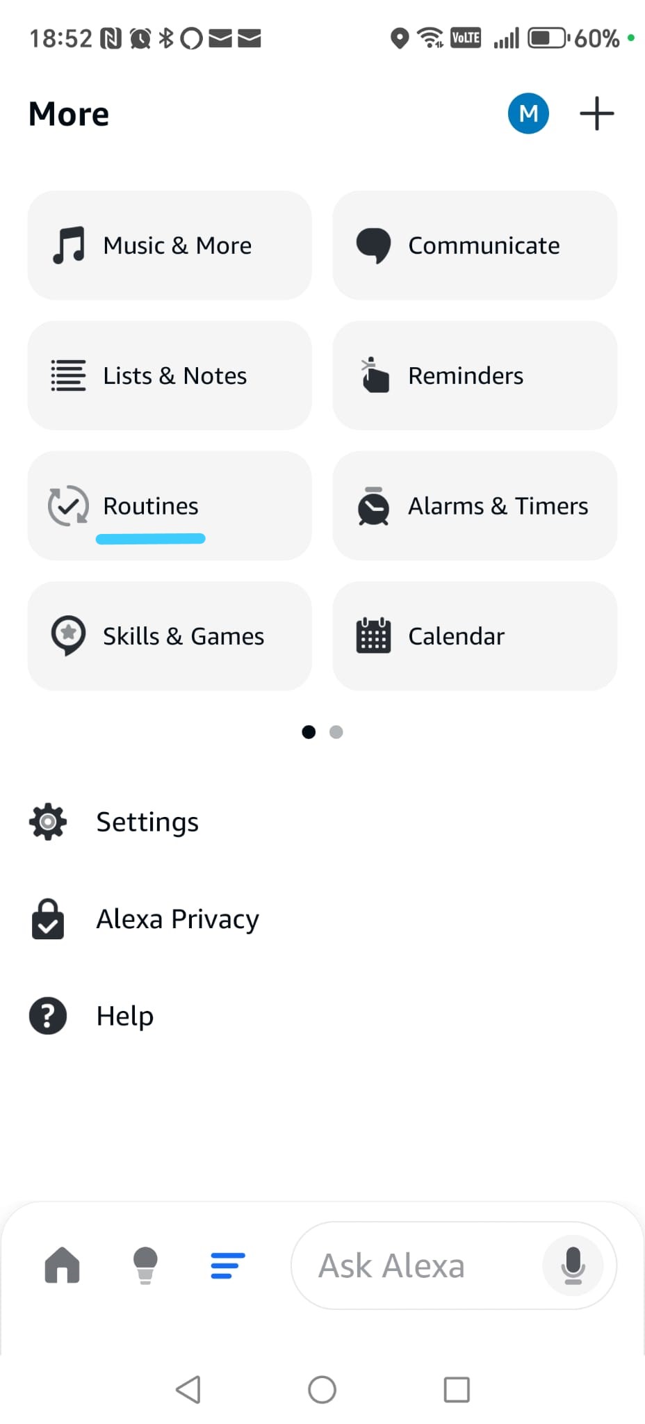 Alexa menu — Routines highlighted