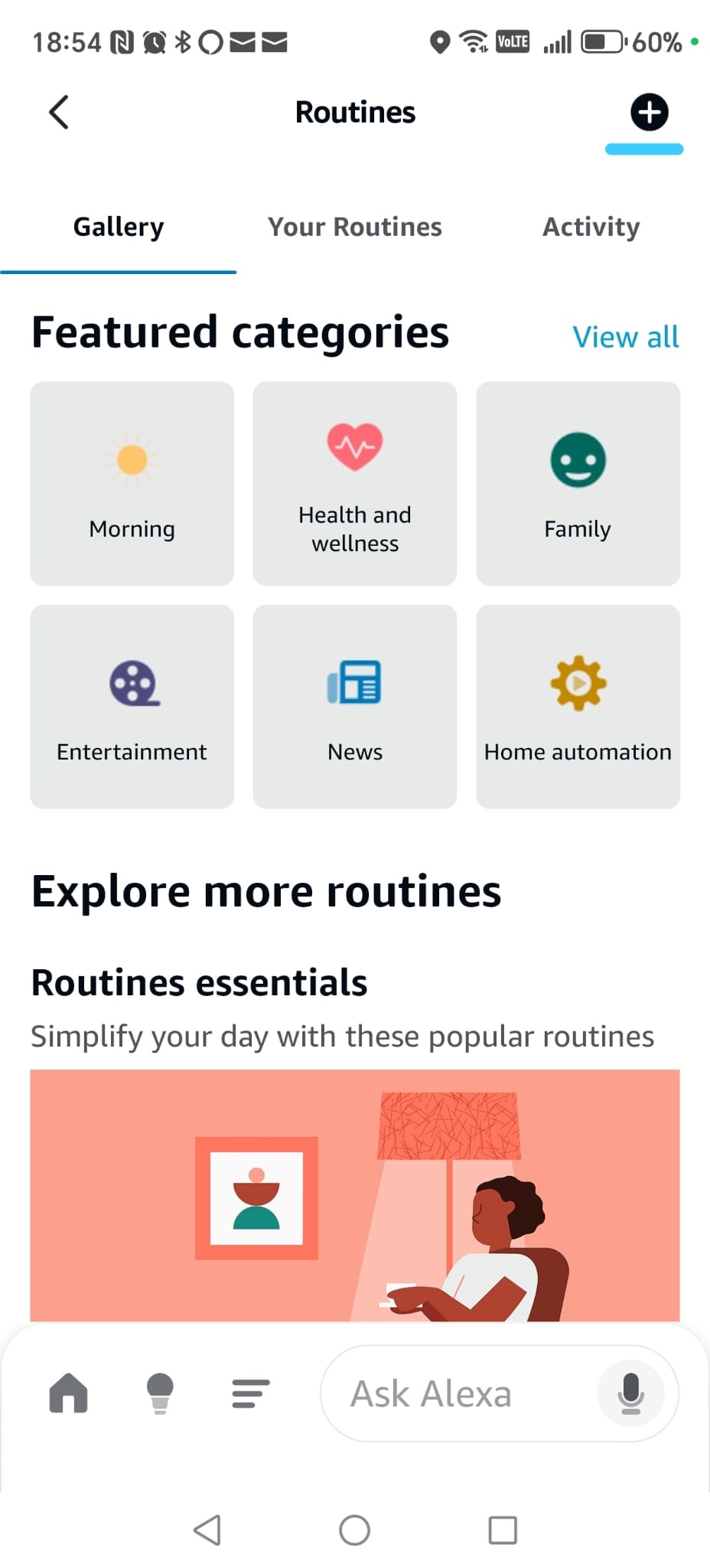 Alexa routines gallery with plus button highlighted
