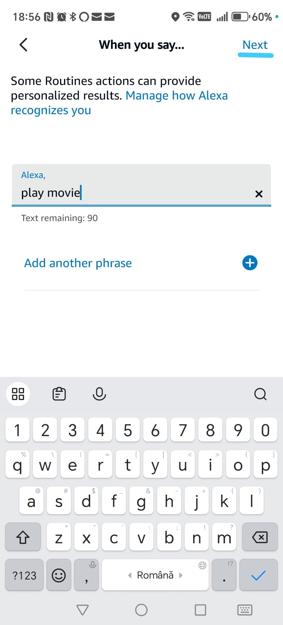 Alexa routine summary showing 'Alexa, play movie' trigger