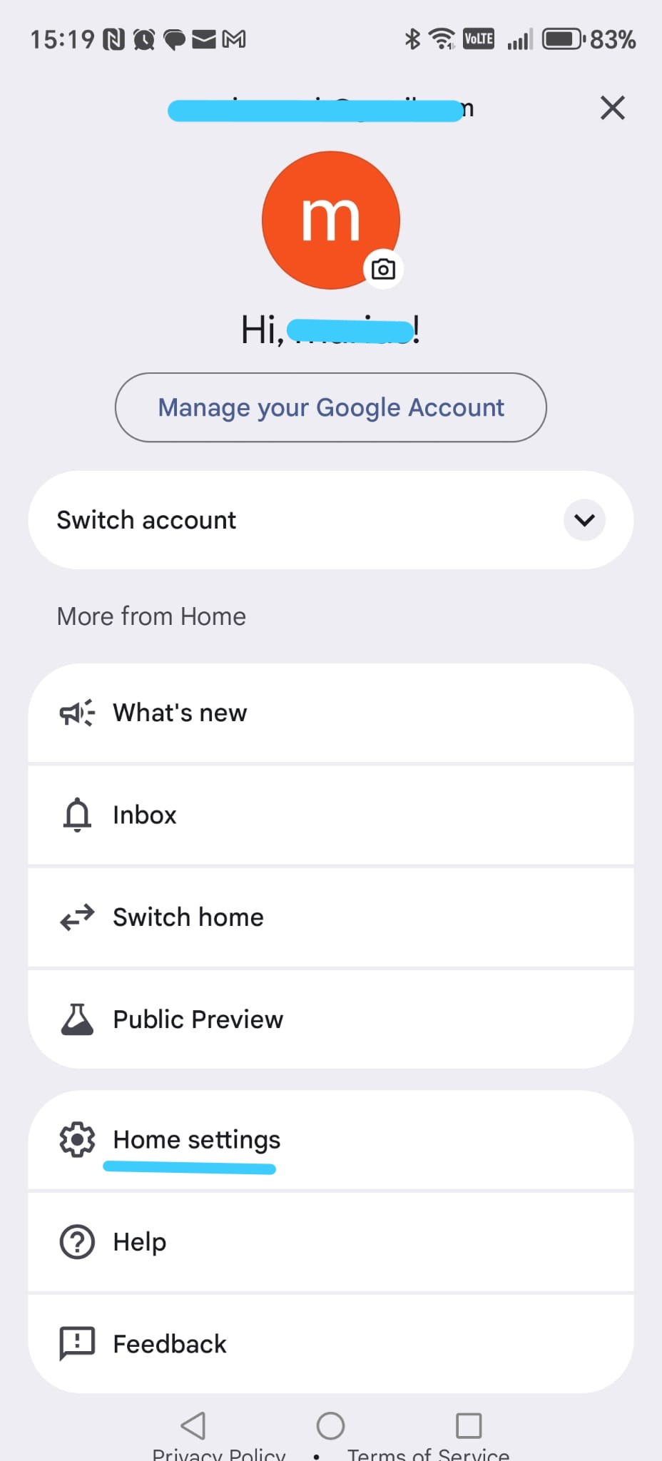 Home settings menu