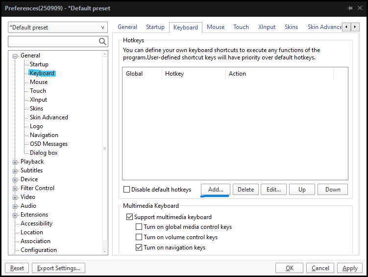 PotPlayer Preferences showing Keyboard section