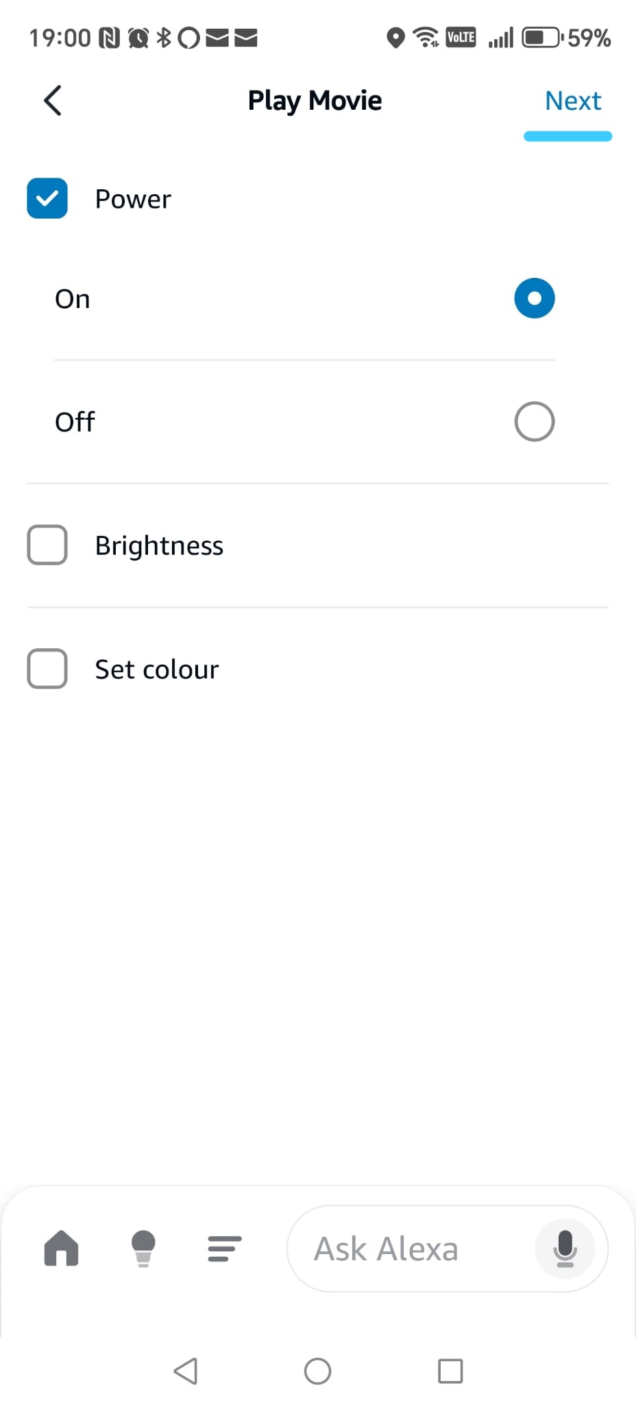 Alexa routine — Power ON selected for Play Movie