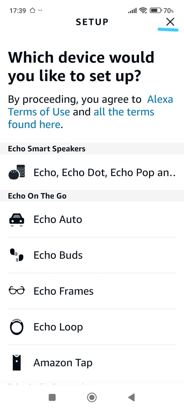 Alexa device selection screen — close with X