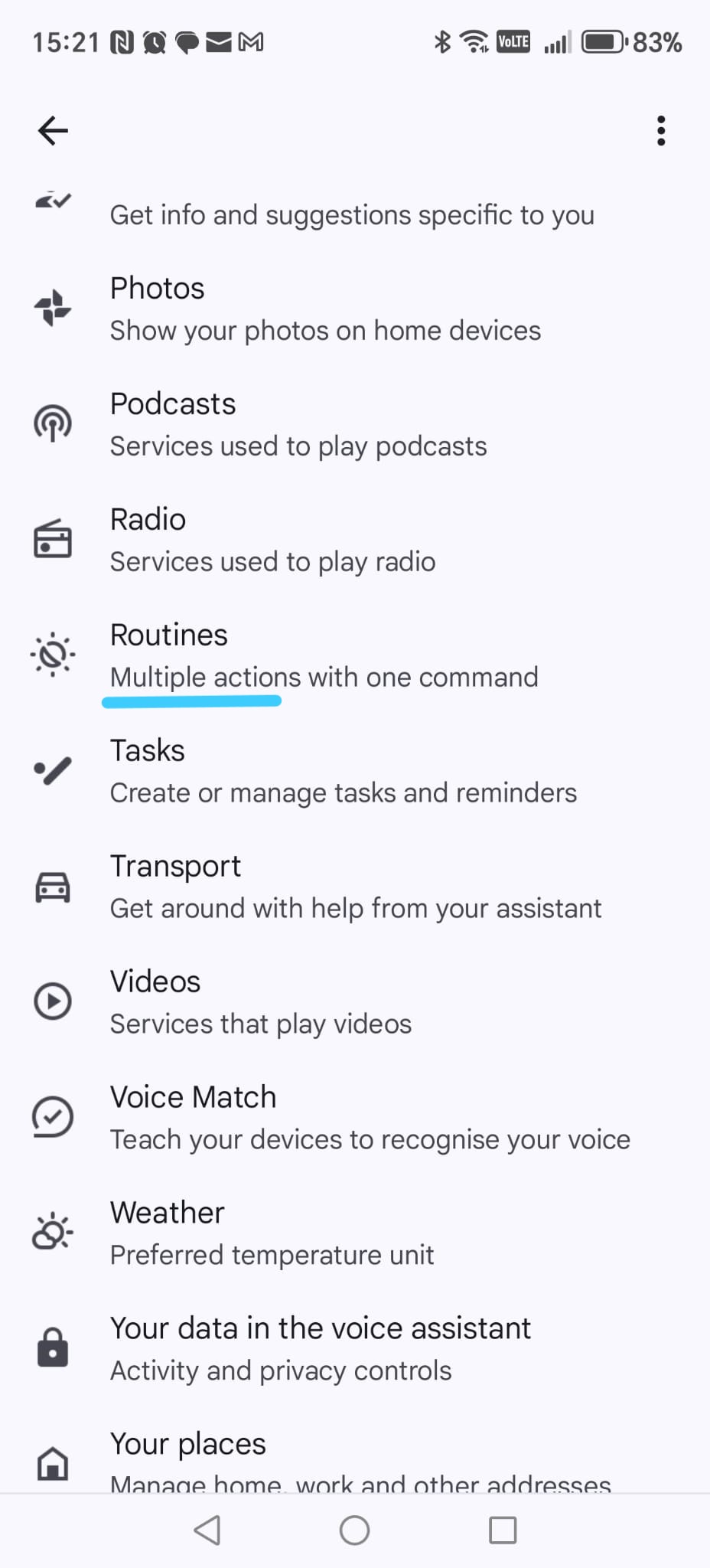 Lista de configurações de Rotinas