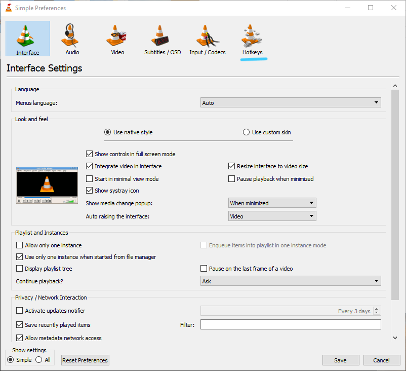 VLC Tools menu showing Preferences