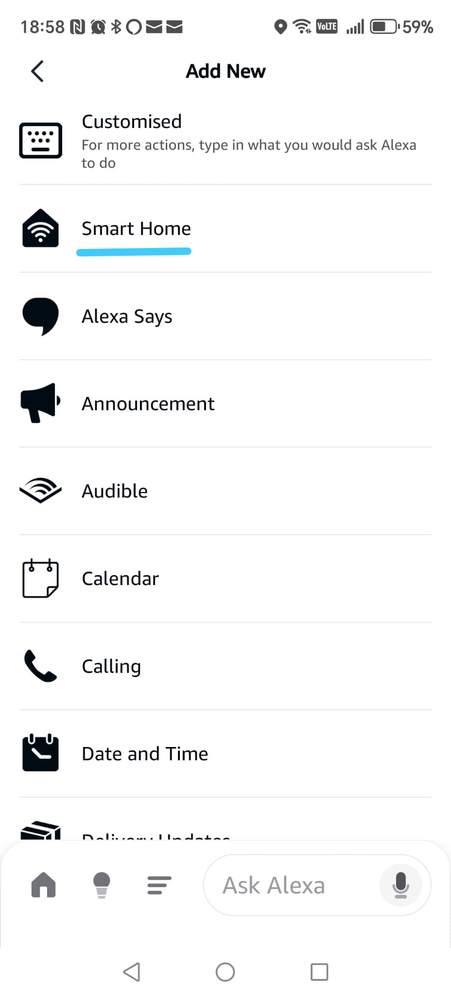 Alexa routine — Add New action with Smart Home selected