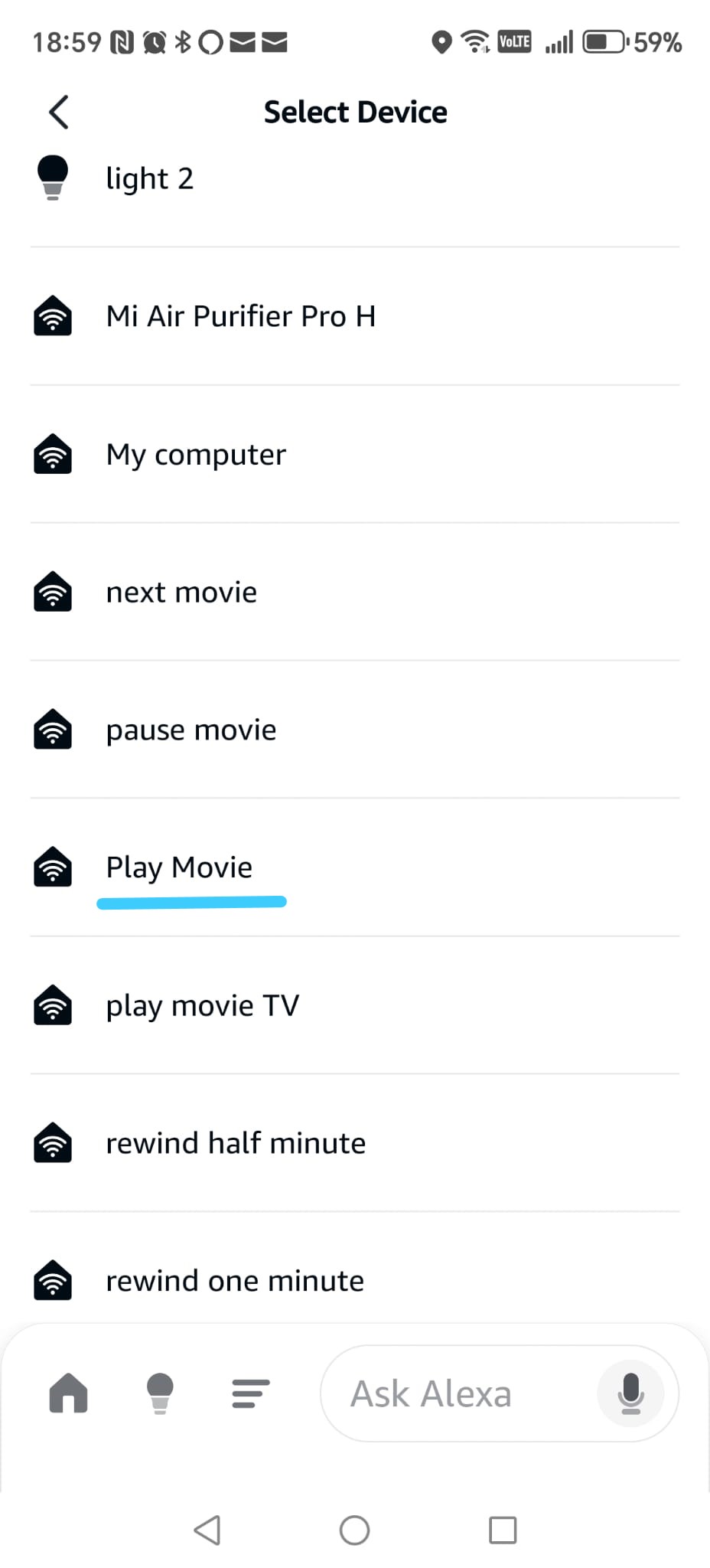 Alexa routine device list — Play Movie selected