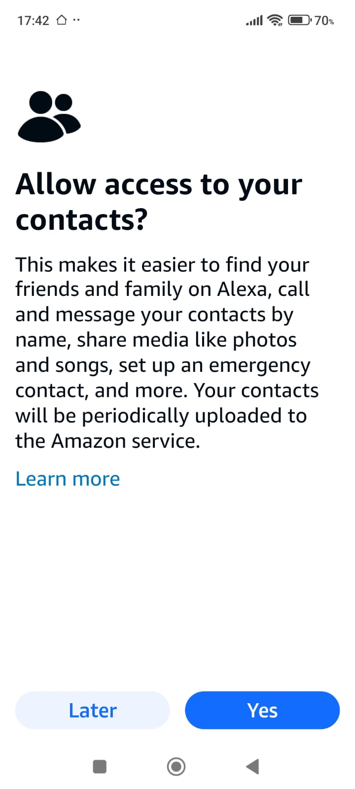 Contacts access permission screen