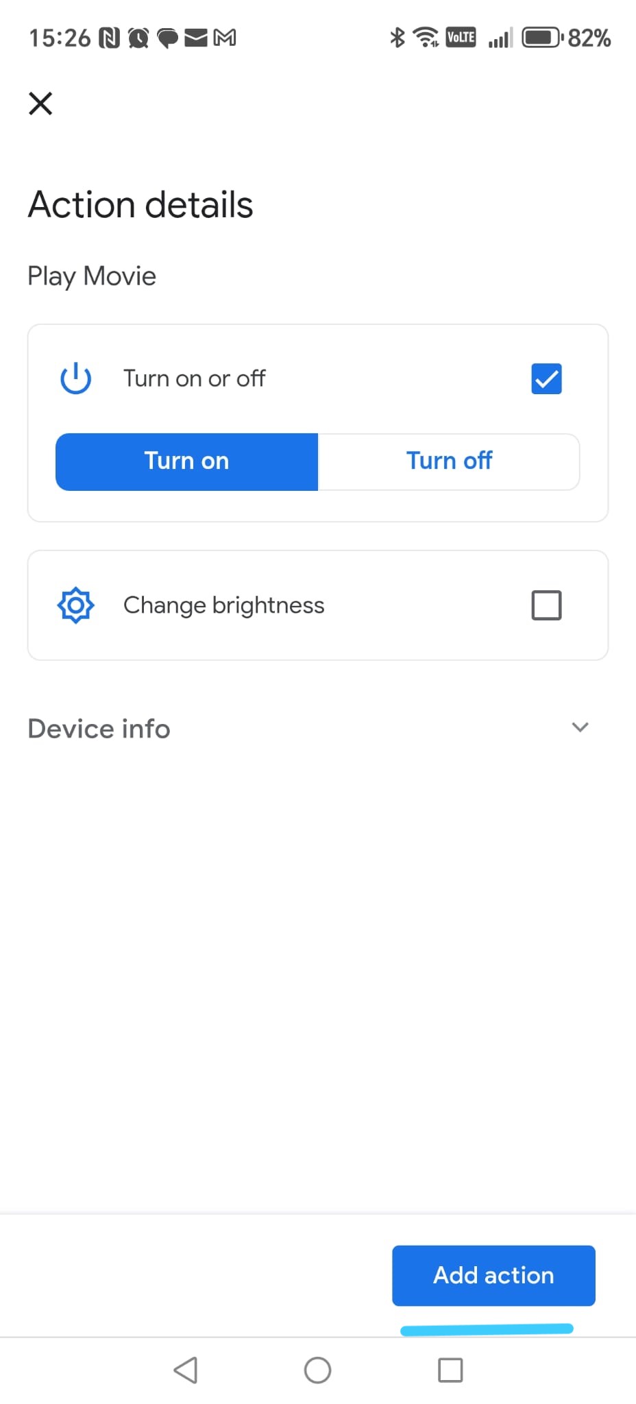 Action details — Turn on selected