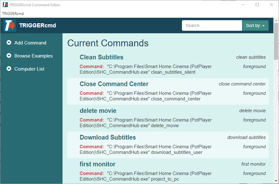 TriggerCMD GUI Command Editor showing Smart Home Cinema commands