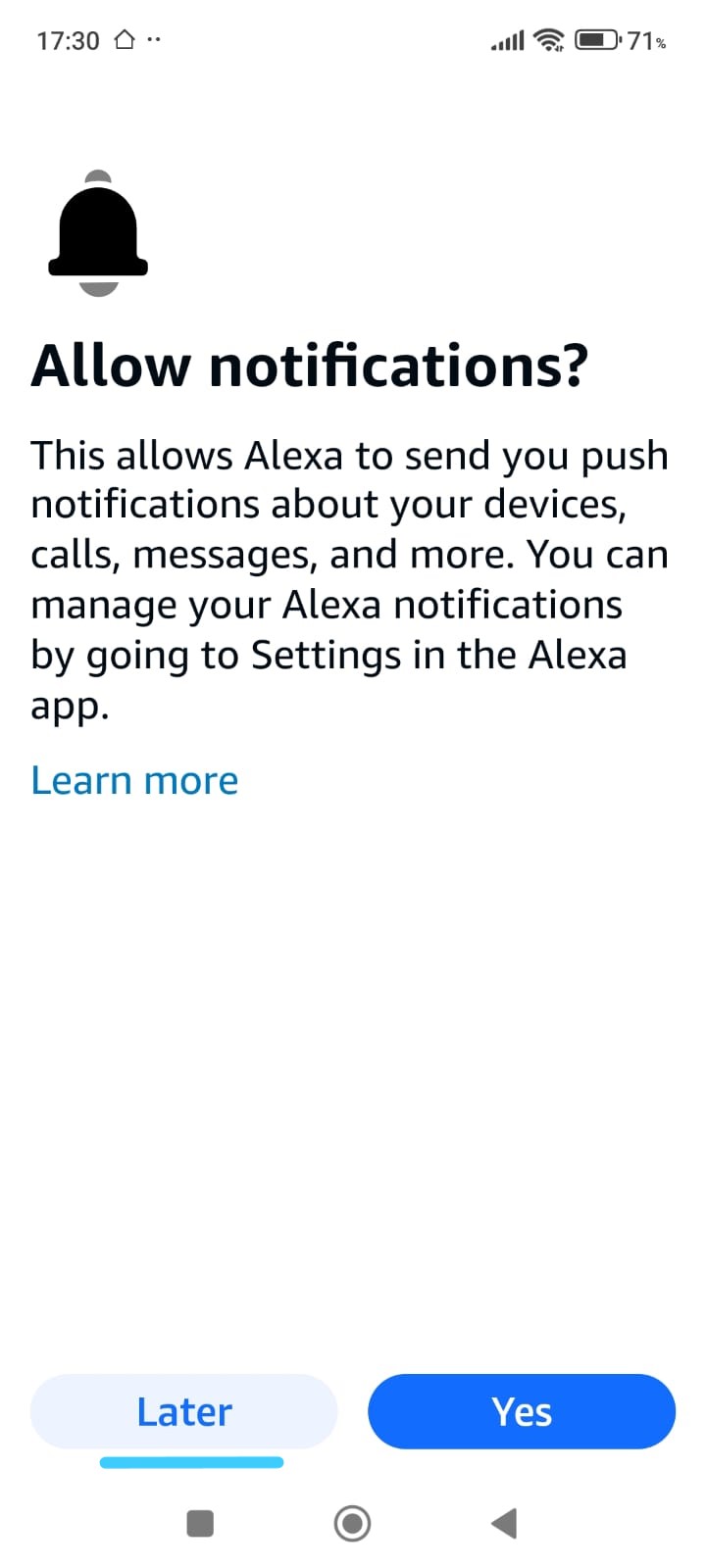 Alexa notifications screen — tap Later