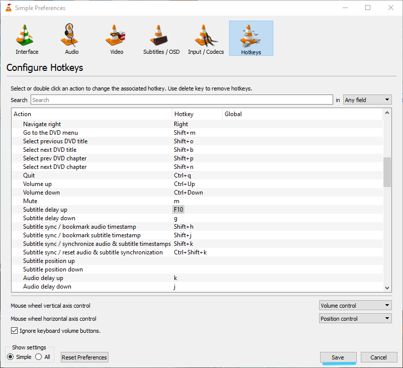 Assigning F9 to subtitle delay down