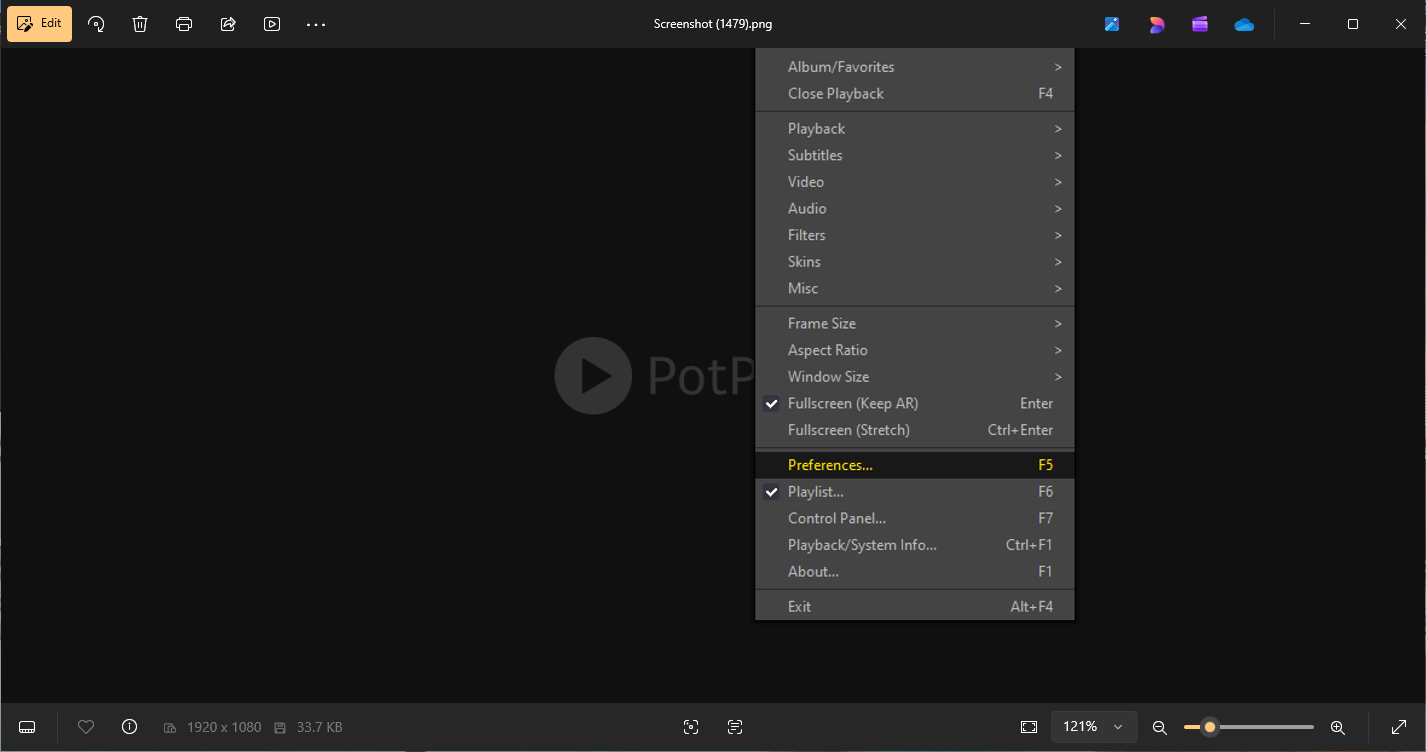PotPlayer right-click menu showing Preferences
