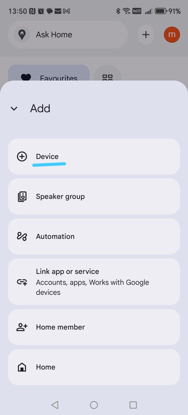 Main Google Home screen (Ask Home)