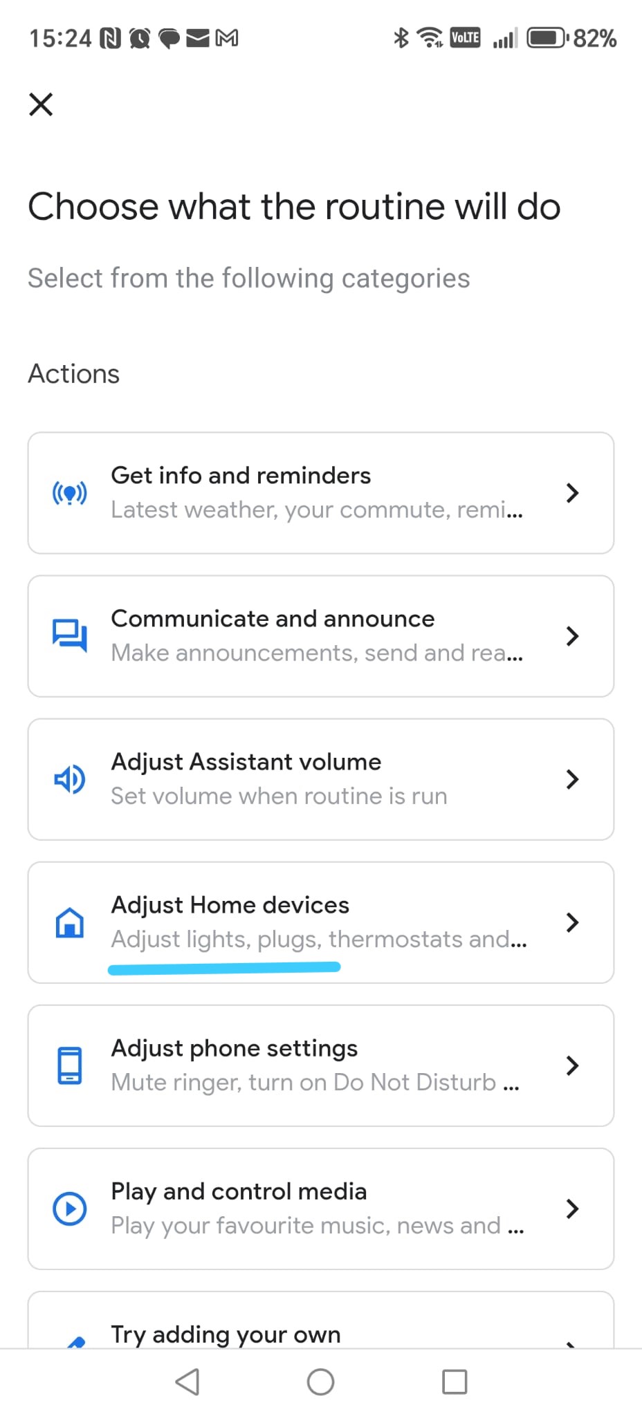 Choose what the routine will do — Adjust Home devices