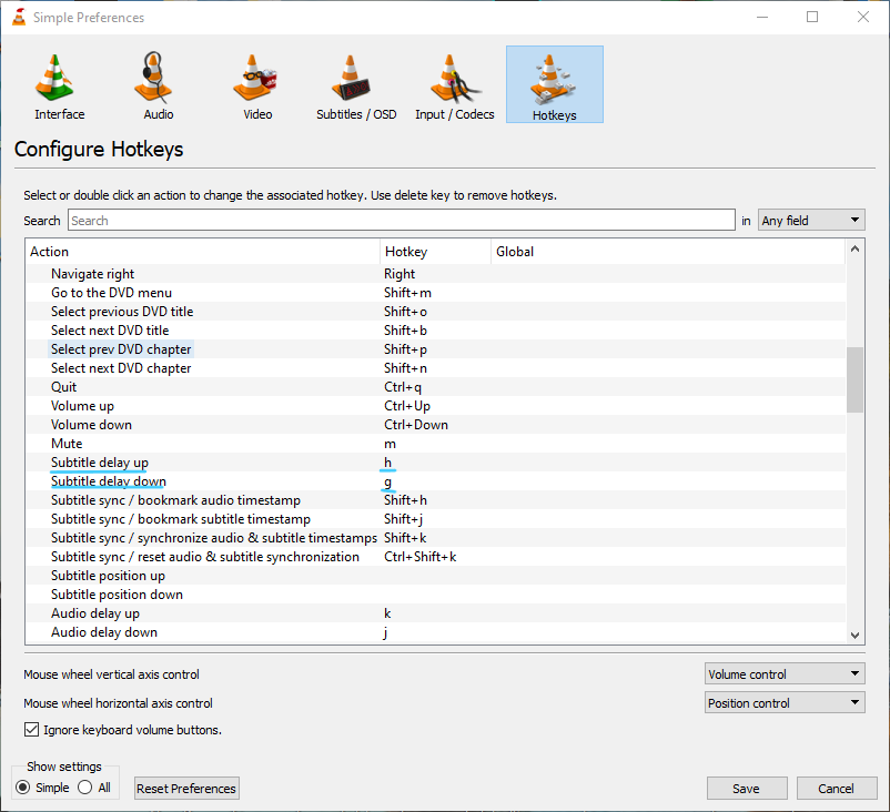 VLC Hotkeys preferences screen