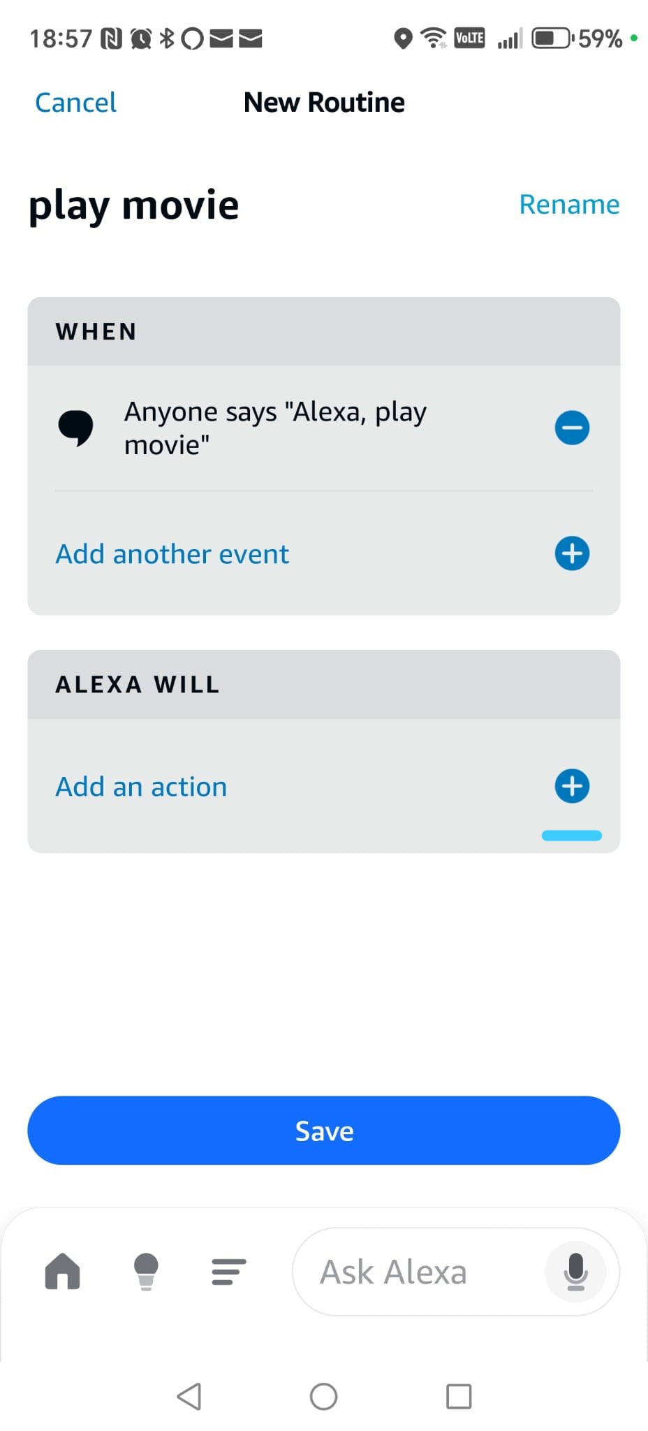 Alexa routine — Add an action section